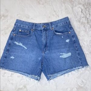 Blue Jean Shorts with Distressed Finish and Frayed Hem